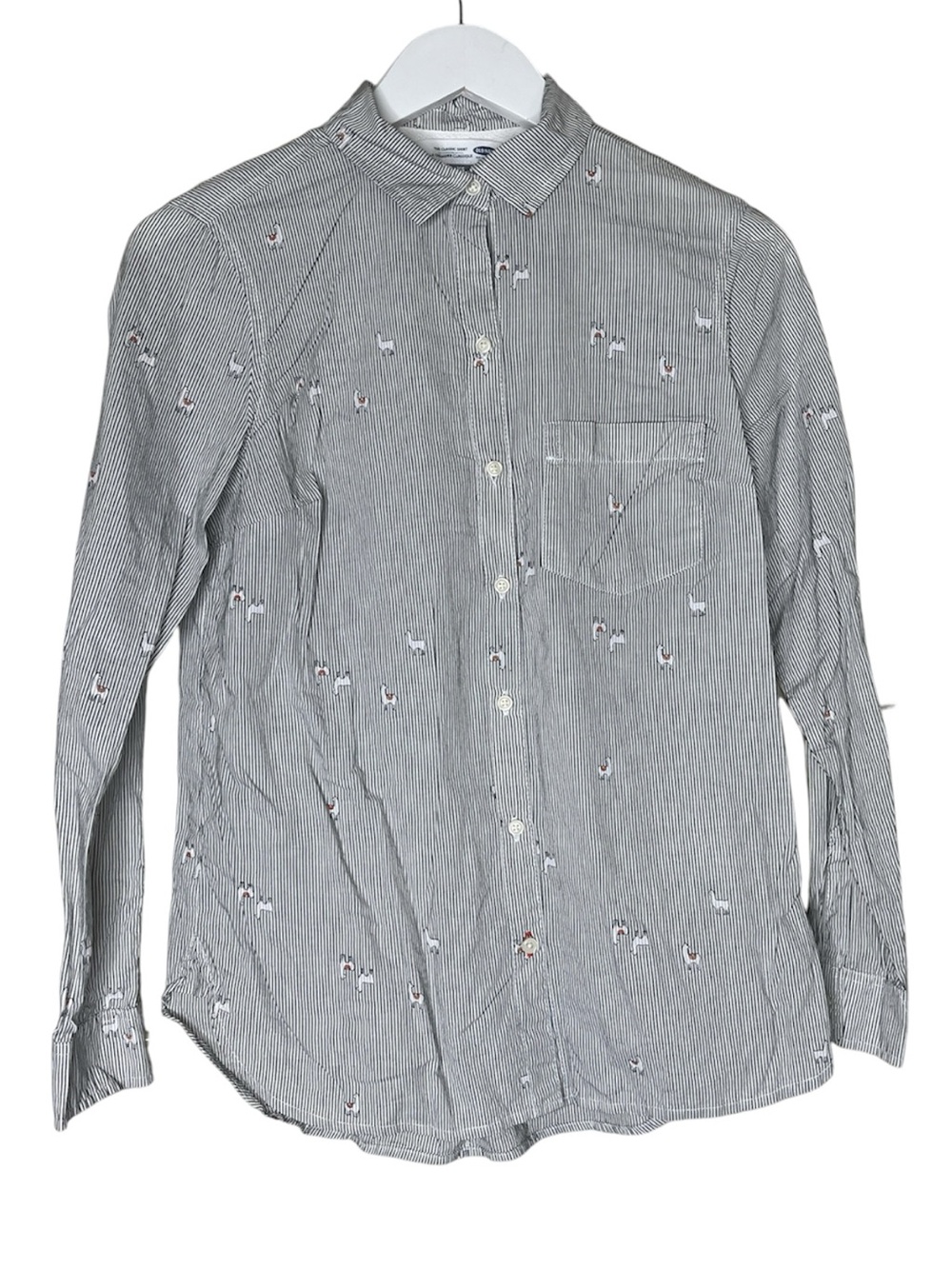 OLD NAVY Novelty Llama Print Navy Blue Pinstripe Cotton Classic Button Down XS
